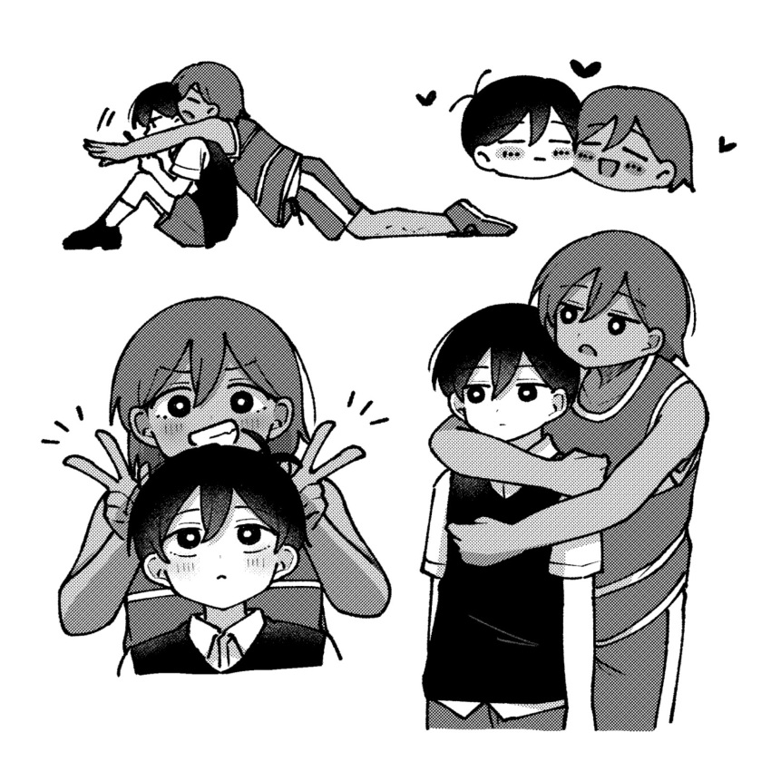 2boys, :<, antenna_hair, bright_pupils, chibi, closed_eyes, closed_mouth, collarbone