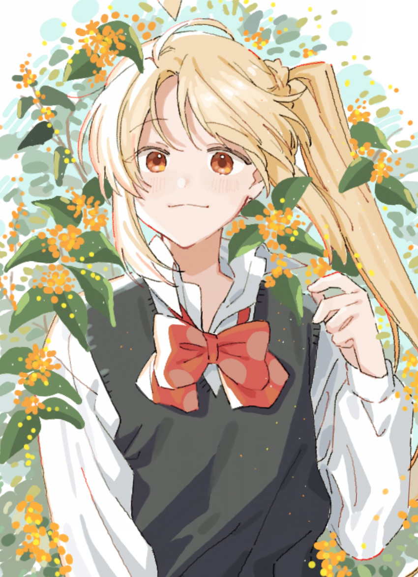 1girl, absurdres, ahoge, black_sweater_vest, blonde_hair, bocchi_the_rock!, bow, bowtie