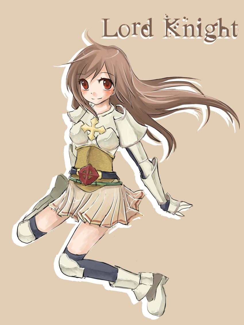 1girl, 2000s_(style), armor, armored_boots, ayu_(citron), belt, black_belt, black_thighhighs, blush, boobplate, boots, brown_background, brown_hair, brown_skirt, character_name, closed_mouth, commentary_request, cross, cross_of_prontera, floating_hair, full_body, gauntlets, highres, long_hair, looking_at_viewer, lord_knight_(ragnarok_online), miniskirt, pauldrons, ragnarok_online, red_eyes, shoulder_armor, simple_background, skirt, smile, solo, thigh-highs