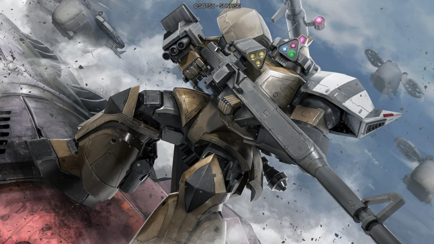 aircraft, arm_cannon, artist_request, assault_visor, beam_rifle, clouds, copyright_logo, debris