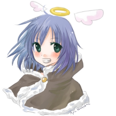 1girl, 2000s_(style), ayu_(citron), blue_hair, brown_cape, cape, commentary_request, fur-trimmed_cape