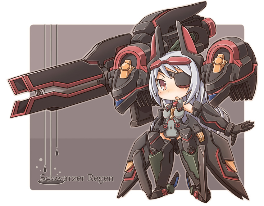 chibi, eyepatch, grey_hair, gunjima_souichirou, gunjimakoubou, infinite_stratos, laura_bodewig, mecha_musume, pilot_suit, red_eyes, schwarzer_regen, schwarzer_roegen, solo