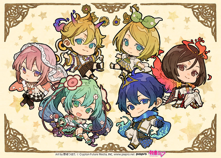 2boys, 4girls, :d, aqua_eyes, aqua_hair, artist_name, black_shorts, black_skirt, blonde_hair, blue_eyes, blue_gloves, blue_hair, blue_scarf, bow, bow_hairband, braid, breasts, brown_eyes, brown_hair, cape, chibi, chibi_only, closed_mouth, commentary_request, copyright_notice, dress, flower, gloves, gradient_hair, green_bow, hair_between_eyes, hair_flower, hair_ornament, hairband, hatsune_miku, horns, kagamine_len, kagamine_rin, kaito, kaito_(vocaloid), logo, long_hair, magical_mirai_(vocaloid), magical_mirai_kaito, magical_mirai_kaito_(2021), magical_mirai_len, magical_mirai_len_(2021), magical_mirai_luka, magical_mirai_luka_(2021), magical_mirai_meiko, magical_mirai_meiko_(2021), magical_mirai_miku, magical_mirai_miku_(2021), magical_mirai_rin, magical_mirai_rin_(2021), megurine_luka, meiko, meiko_(vocaloid), multicolored_hair, multiple_boys, multiple_girls, nozaki_tsubata, official_art, open_mouth, pants, pink_hair, purple_hair, scarf, second-party_source, shirt, short_hair, shorts, skirt, smile, star_(symbol), striped_clothes, striped_shorts, veil, vocaloid, white_gloves, white_pants, white_shirt