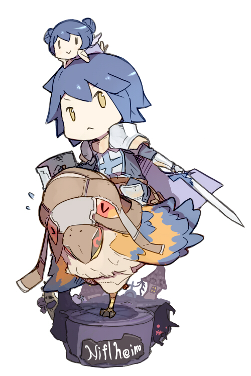 1boy, :<, armor, barding, bird, blue_cape, blue_hair, blue_shirt