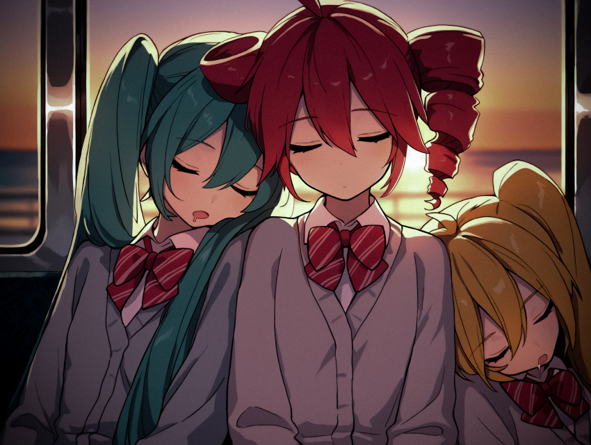 3girls, ahoge, akita_neru, antenna_hair, aqua_eyes, aqua_hair, blonde_hair, blue_hair
