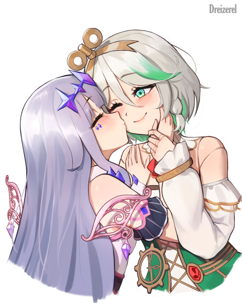 2girls, blush, cecilia_immergreen, closed_eyes, closed_mouth, detached_sleeves, doll, doll_joints