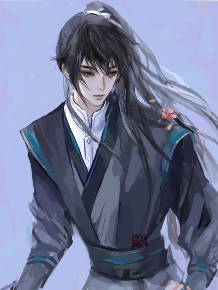 1boy, black_hair, black_hanfu, black_sash, cheng_qian, chinese_clothes, closed_mouth, cowboy_shot