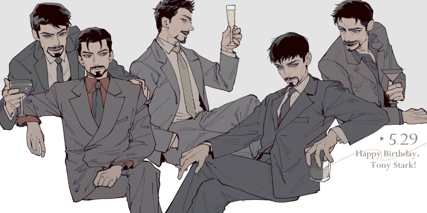 4boys, alcohol, avengers_(series), between_fingers, black_hair, black_jacket, black_necktie, black_pants