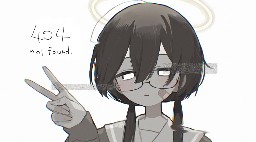 1girl, 404, absurdres, ahoge, bandaid, bandaid_on_cheek, bandaid_on_face, black-framed_eyewear, brown_hair, brown_shirt, chromatic_aberration, closed_mouth, commentary, empty_eyes, english_text, film_grain, glasses, grey_sailor_collar, hair_between_eyes, halo, hand_up, highres, http_status_code, long_hair, looking_at_viewer, low_twintails, myomuron, original, portrait, sailor_collar, sailor_shirt, semi-rimless_eyewear, shirt, simple_background, solo, twintails, v, white_background, white_eyes