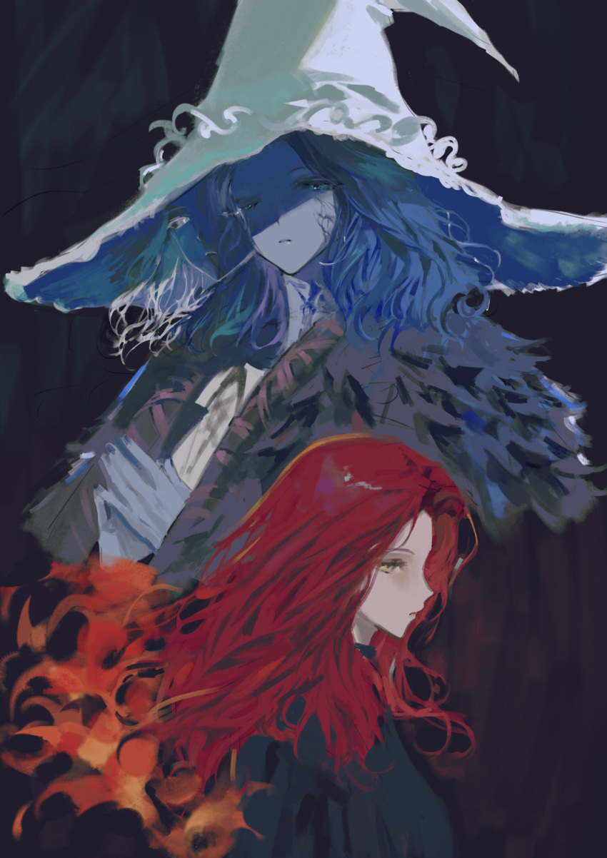 2girls, absurdres, black_dress, blue_eyes, blue_hair, blue_skin, brown_cloak, burning_hair