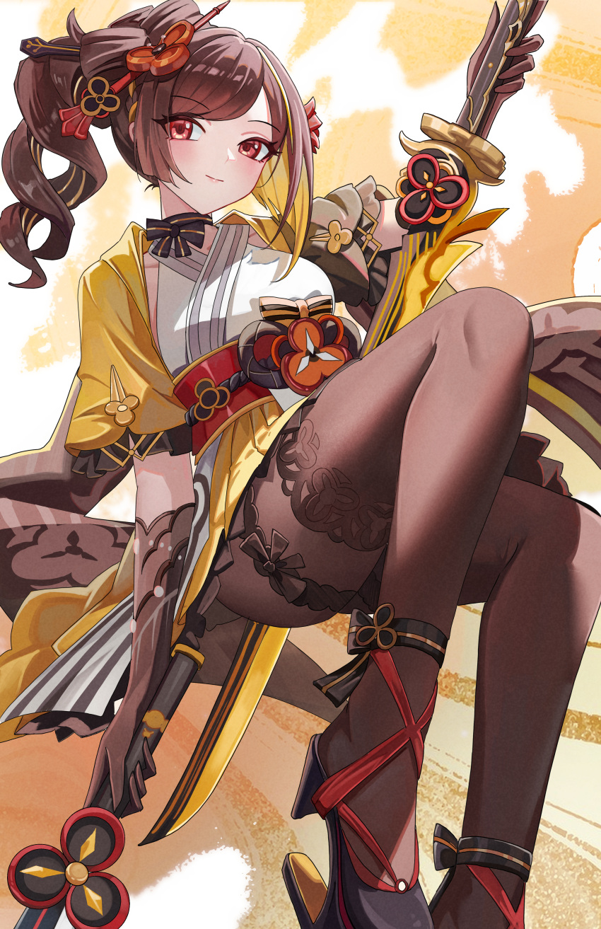 1girl, absurdres, black_gloves, black_pantyhose, brown_hair, chiori_(genshin_impact), choker, closed_mouth