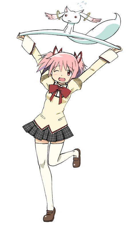 blush, bow, ef_(artist), hair_ribbon, kaname_madoka, kyubey, kyuubee, leg_up