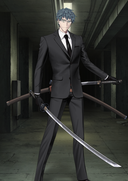 15-nin_no_richiteki_na_megane-tachi, 1boy, aqua_hair, arm_at_side, bags_under_eyes, black_gloves, black_jacket, black_necktie