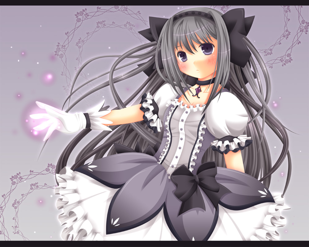 akemi_homura, akiiyuuri, black_eyes, blush, bow, choker, dress, frown, gloves, grey_hair, hair_ribbon, hairband, jewelry, long_hair, magical_girl, mahou_shoujo_madoka_magica, ribbon, solo
