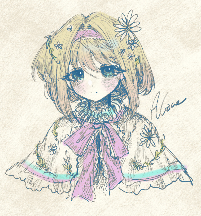 1girl, alice_margatroid, bingkuaihei, blonde_hair, capelet, character_name, closed_mouth, cropped_shoulders