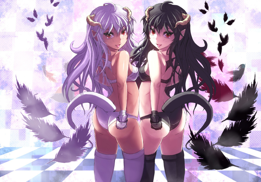 :p, ass, black_hair, black_legwear, black_thighhighs, black_vs_white, checkered, checkered_floor