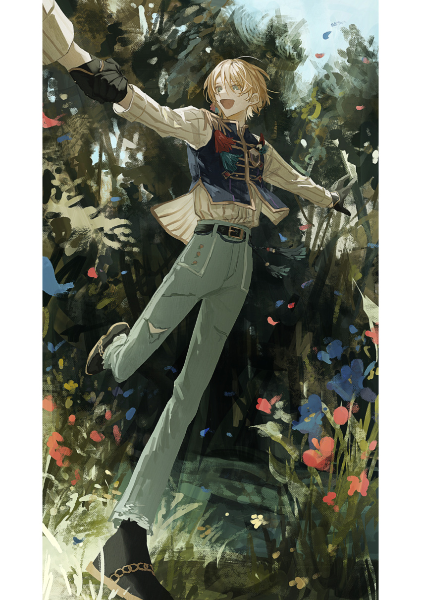 1boy, ahoge, belt, black_belt, black_gloves, black_shoes, black_vest, blonde_hair