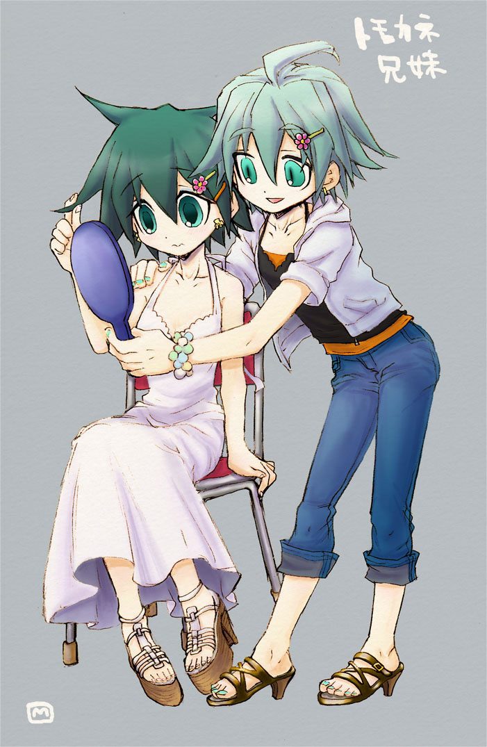 black_hair, bracelet, brother_and_sister, chair, crossdressinging, dress, ga_geijutsuka_art_design_class, grey_eyes, grey_hair, hair_ornament, high_heels, jewelry, mirror, open_mouth, shoes, short_hair, siblings, sitting, smile, sundress, takezou, tomokane, tomokane-oniisan, wavy_mouth