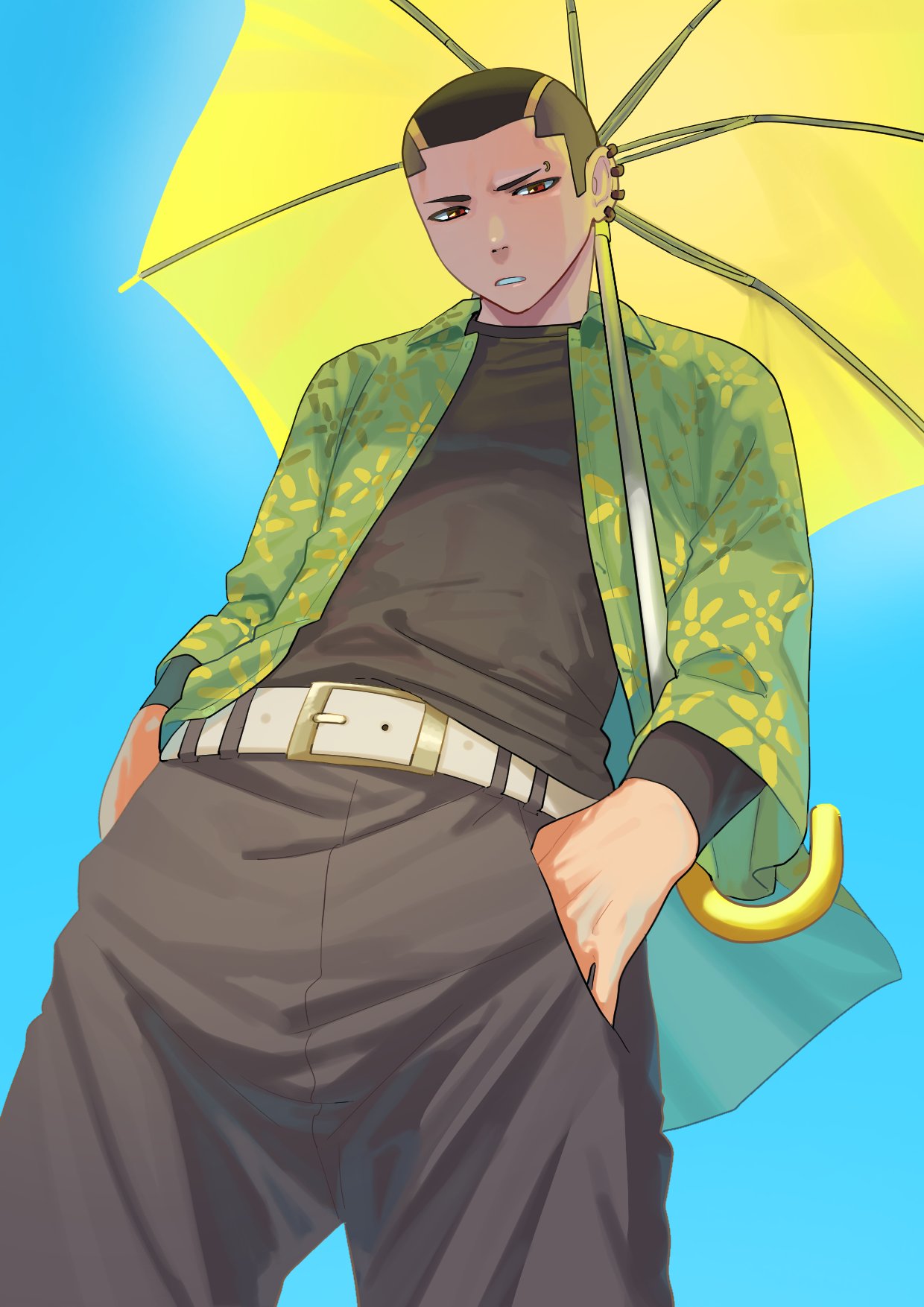 1boy, belt, belt_buckle, black_hair, black_pants, black_shirt, black_undershirt, blue_background