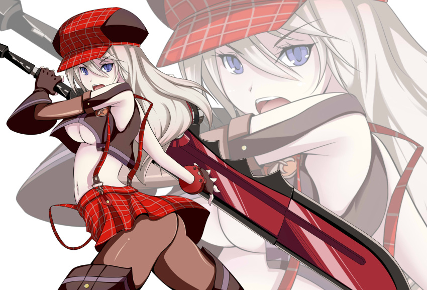 arisa_iriinchina_amieera, ass, black_legwear, black_pantyhose, blue_eyes, boots, breasts, cabbie_hat, fingerless_gloves, gloves, god_eater, god_eater_burst, grey_hair, hat, highres, jpeg_artifacts, kotuzui_yositune, long_hair, navel, open_mouth, pantyhose, plaid, skirt, solo, suspenders, tartan, thigh-highs, thigh_boots, thighhighs, tsurime, under_boob, underboob, weapon, zoom_layer