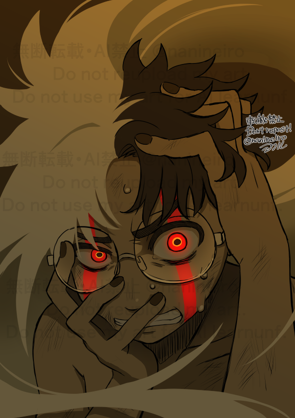 1boy, alternate_form, black_hair, black_nails, clenched_teeth, commentary_request, dandadan, facial_mark