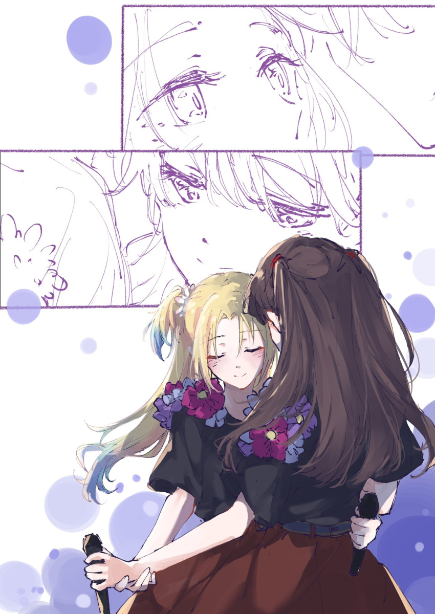 2girls, 4th_live_dream_~bloom_the_dream_believers~, black_shirt, blonde_hair, blue_hair, brown_hair, brown_skirt, closed_eyes