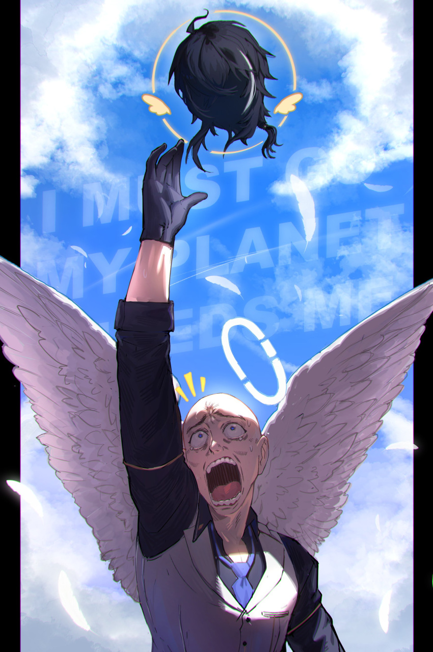 1boy, absurdres, alternate_hair_length, alternate_hairstyle, angel_wings, azeru_(vtuber), bald, black_gloves