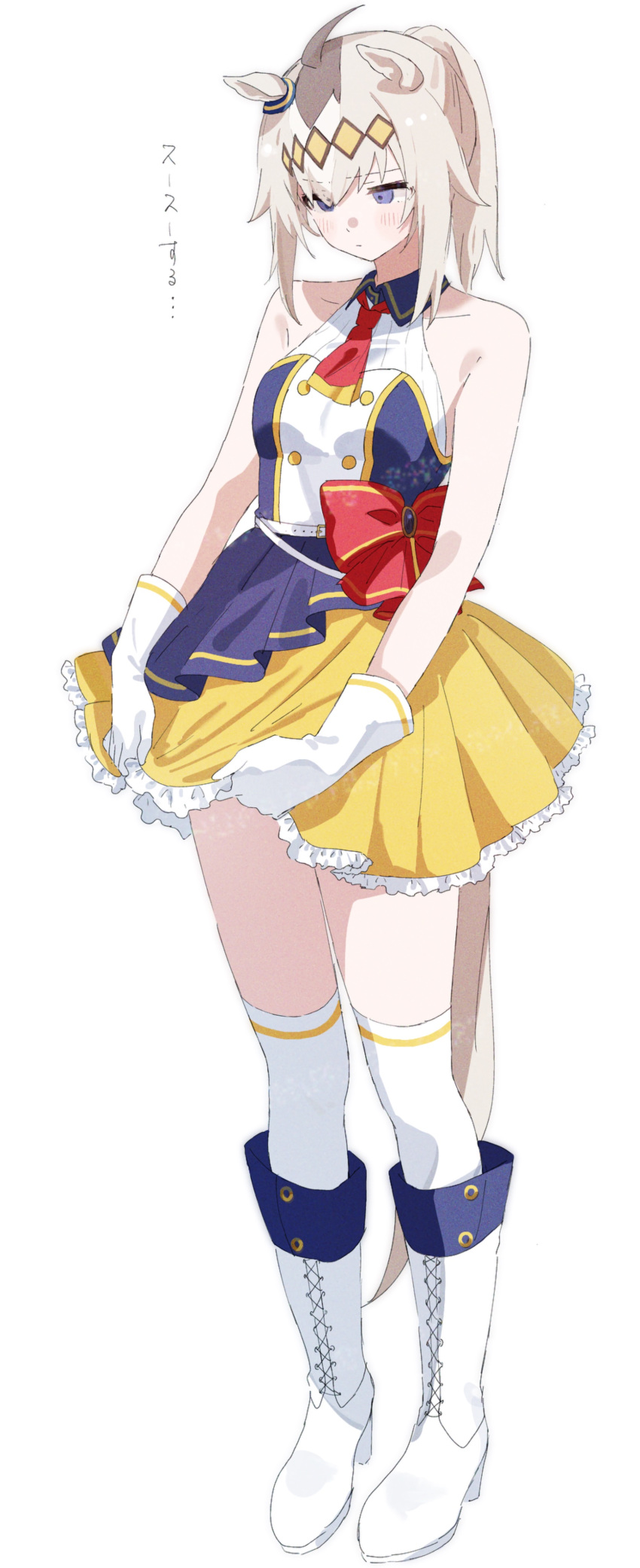 1girl, absurdres, ahoge, animal_ears, ascot, bare_shoulders, blue_eyes, boots