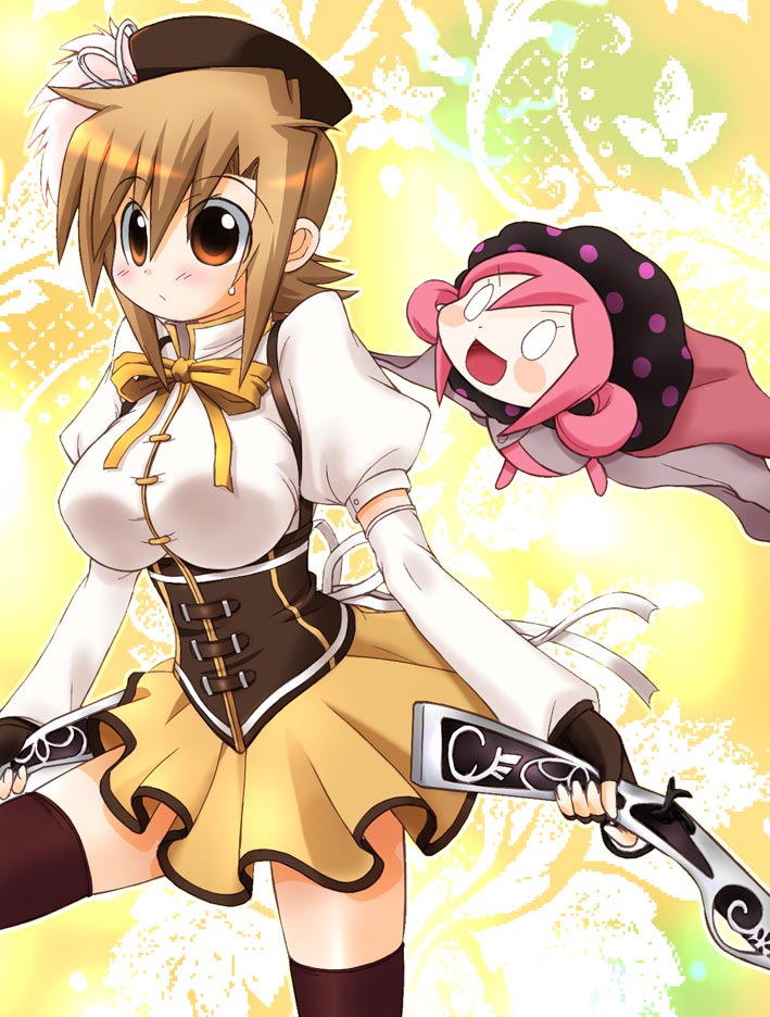 beret, blush_stickers, breasts, brown_eyes, brown_hair, charlotte_(madoka_magica), charlotte_(madoka_magica)_(cosplay), chibi