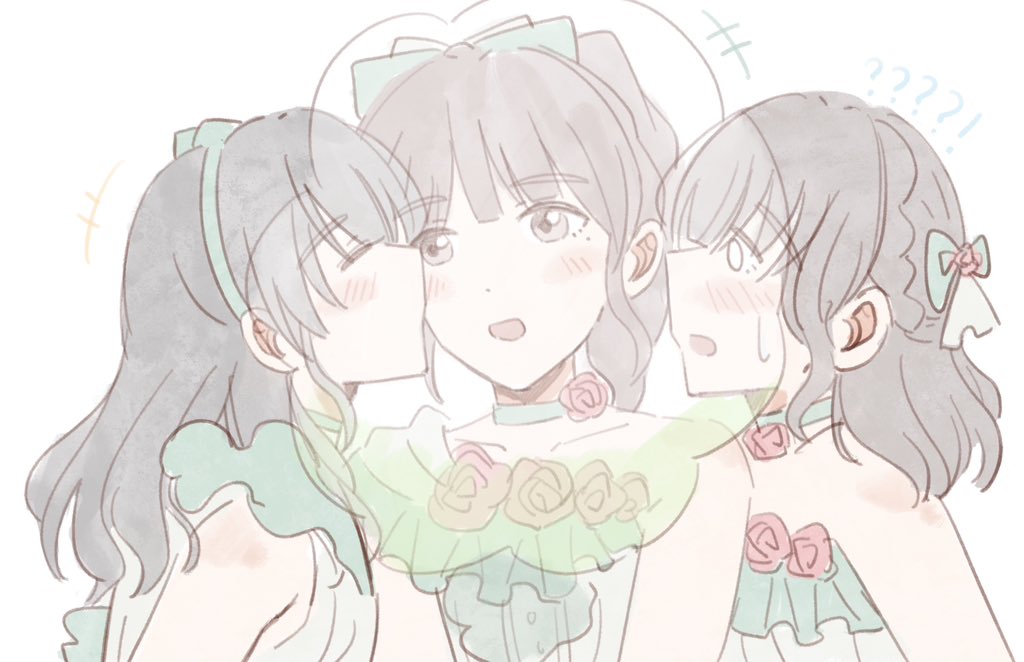 !?, 3girls, 4th_live_dream_~bloom_the_dream_believers~, :d, animification, aqua_choker, aqua_hairband, black_hair, blunt_bangs, blush, bow, cerise_bouquet, choker, collarbone, commentary, cotton_candy, dress, flower, flower_choker, food, hair_bow, hairband, hanamiya_nina, holding, holding_cotton_candy, holding_food, kiss, kissing_cheek, link!_like!_love_live!, long_hair, love_live!, medium_hair, moyang, multiple_girls, nirei_nozomi, open_mouth, pink_flower, pink_rose, ponytail, profile, real_life, rose, sakurai_hina, simple_background, single-shoulder_dress, single_bare_shoulder, smile, symbol-only_commentary, upper_body, voice_actor, white_background, white_dress, yume_wazurai, yuri