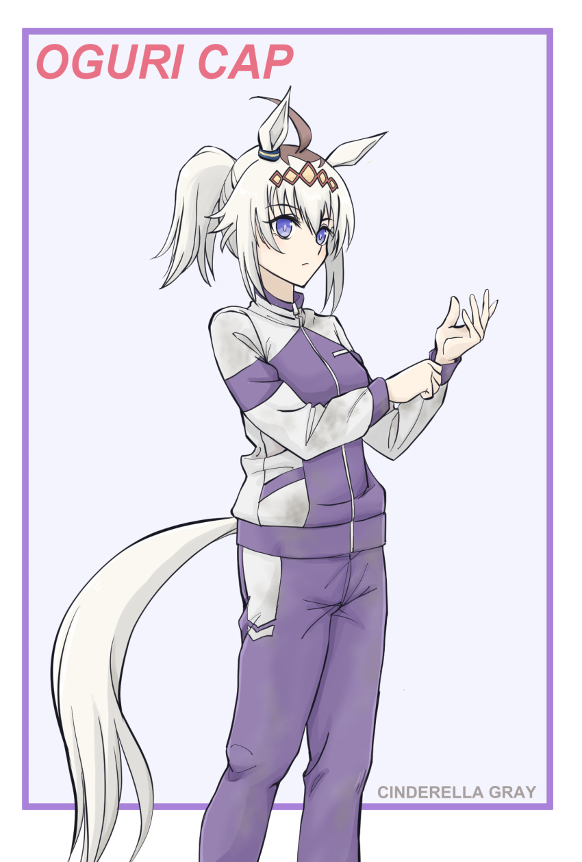 1girl, adjusting_clothes, ahoge, animal_ears, blue_background, blue_border, blue_eyes, blue_jacket