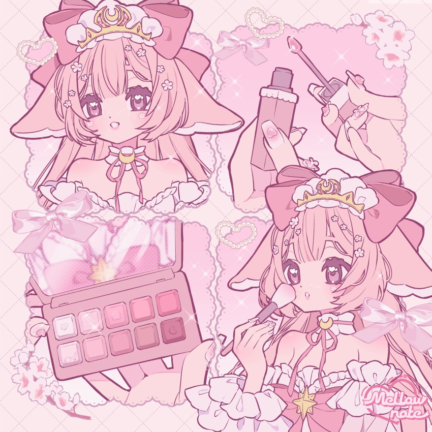 1girl, applying_makeup, artist_name, bow, choker, cosmetics, dress, eyelashes