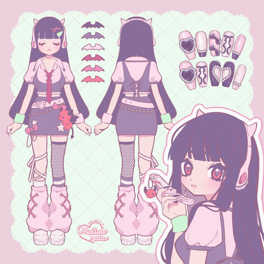 1girl, artist_name, asymmetrical_legwear, back, bat_wings, blunt_bangs, cellphone, charm_(object)