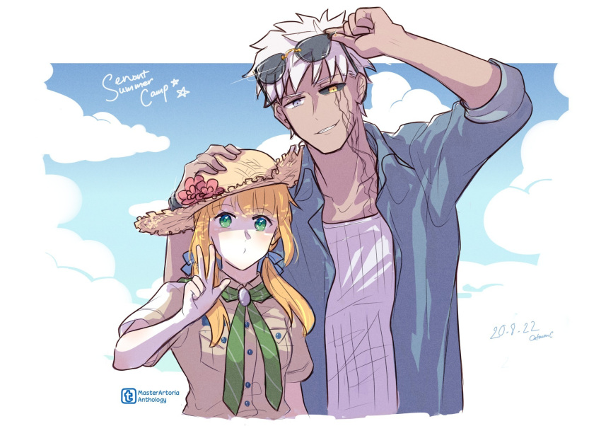 1boy, 1girl, alleycat_nd, alternate_hairstyle, archer_(fate), archer_(summer_casual)_(fate), archer_alter_(fate), artoria_pendragon_(fate)
