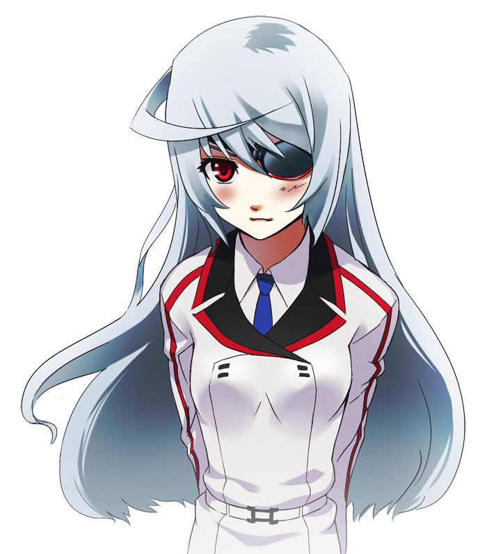 arms_behind_back, blush, eyepatch, gogochi, grey_hair, infinite_stratos, laura_bodewig, long_hair