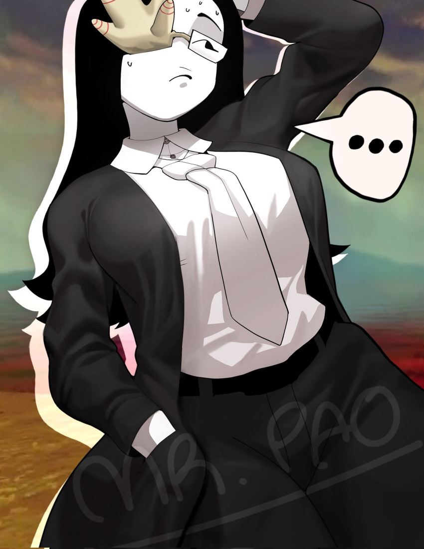 ..., 1girl, artist_name, black_jacket, black_pants, breasts, closed_mouth, collared_shirt