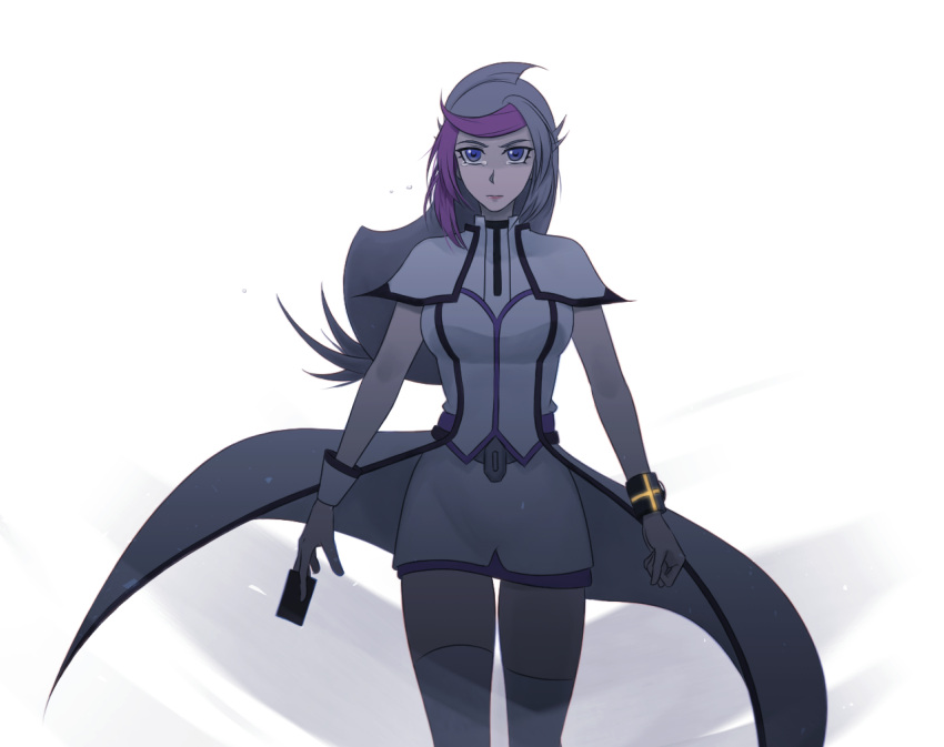 1girl, alternate_form, alternate_universe, belt, bessho_emma, black_trim, black_wrist_cuffs, blue_eyes