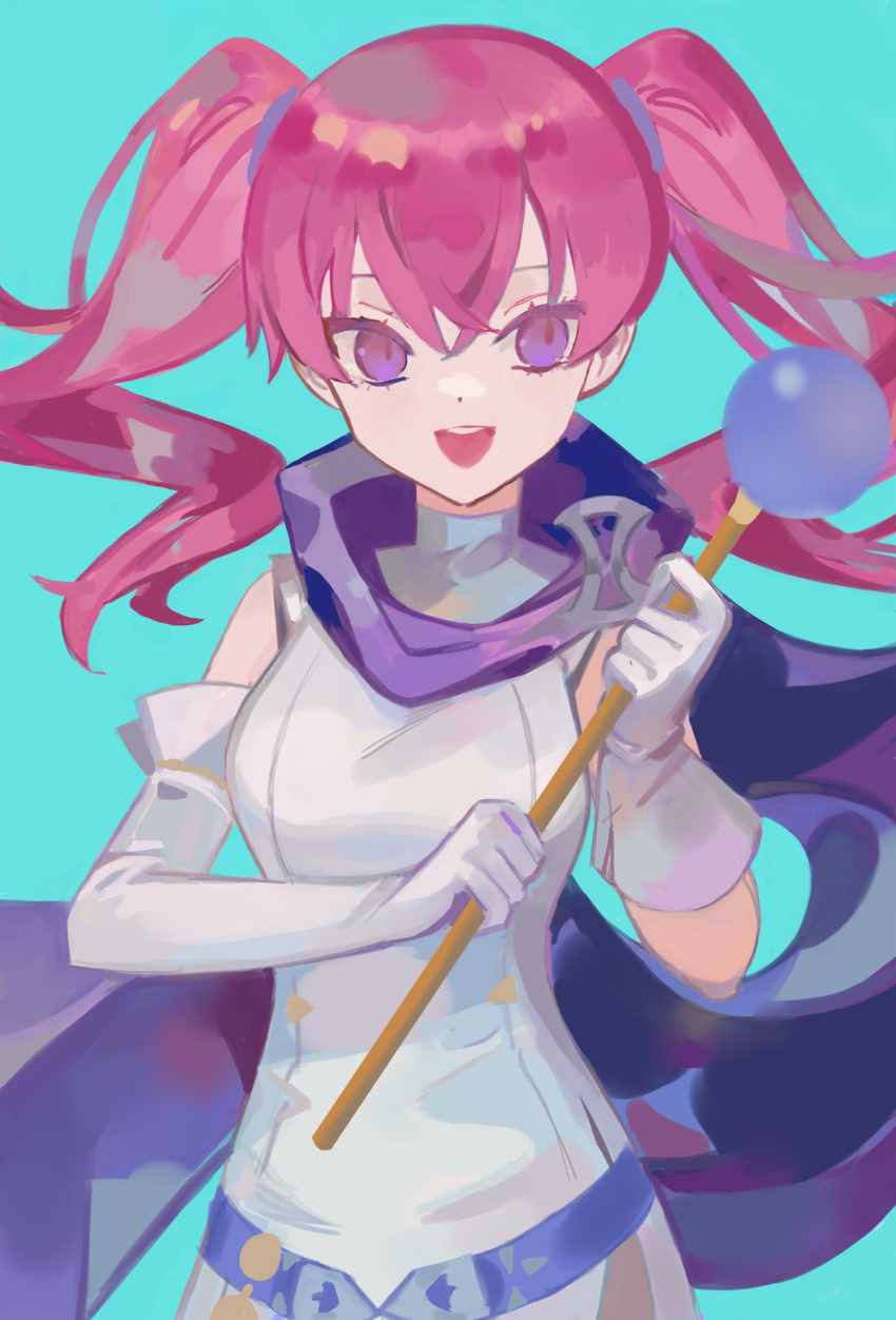 1girl, blue_background, cape, dress, elbow_gloves, fire_emblem, fire_emblem:_the_blazing_blade, gloves, highres, holding, holding_staff, long_hair, open_mouth, pink_hair, purple_cape, ruuu_ran_ran, serra_(fire_emblem), simple_background, smile, staff, twintails, white_dress, white_gloves