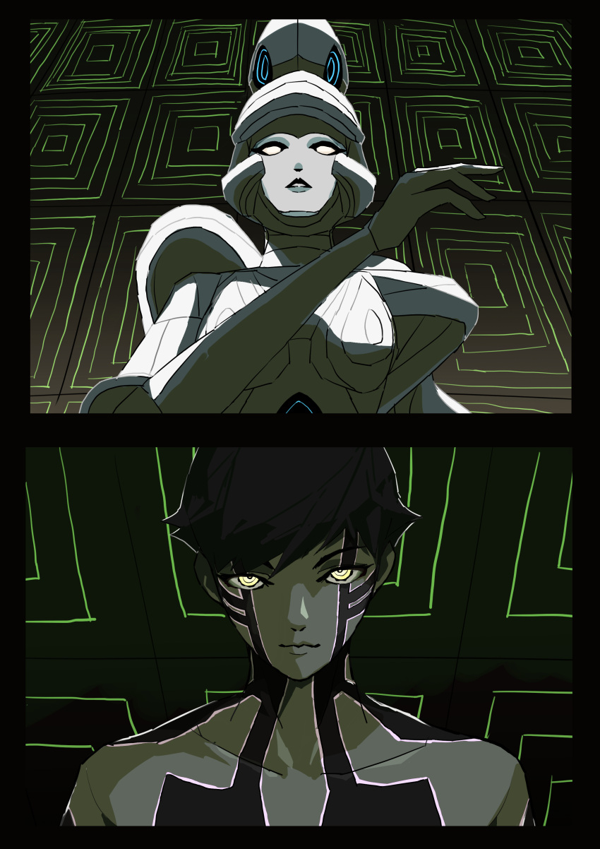 absurdres, baal_(megami_tensei), black_border, black_hair, blank_eyes, body_markings, border, colored_skin