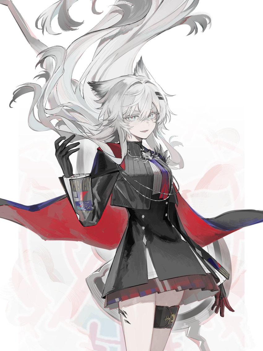 1girl, animal_ears, arknights, black_cape, black_gloves, black_jacket, black_skirt, breasts, cape, chinese_commentary, commentary_request, cropped_jacket, floating_hair, gloves, grey_eyes, high-waist_skirt, highres, jacket, jsjdndhidnshssj, lappland_(arknights), lappland_the_decadenza_(arknights), large_breasts, long_sleeves, looking_at_viewer, material_growth, oripathy_lesion_(arknights), parted_lips, red_cape, red_gloves, red_pupils, scar, scar_across_eye, scar_on_face, shirt, skirt, smile, solo, staff, two-sided_cape, two-sided_fabric, two-sided_gloves, white_hair, white_shirt, wolf_ears