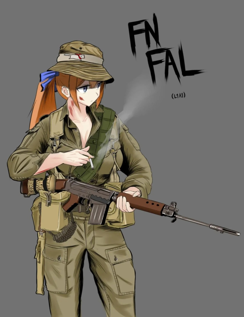 1girl, fal_(girls_frontline), fn_fal, girls_frontline, l1a1, long_hair, military, rhodesian_light_infantry