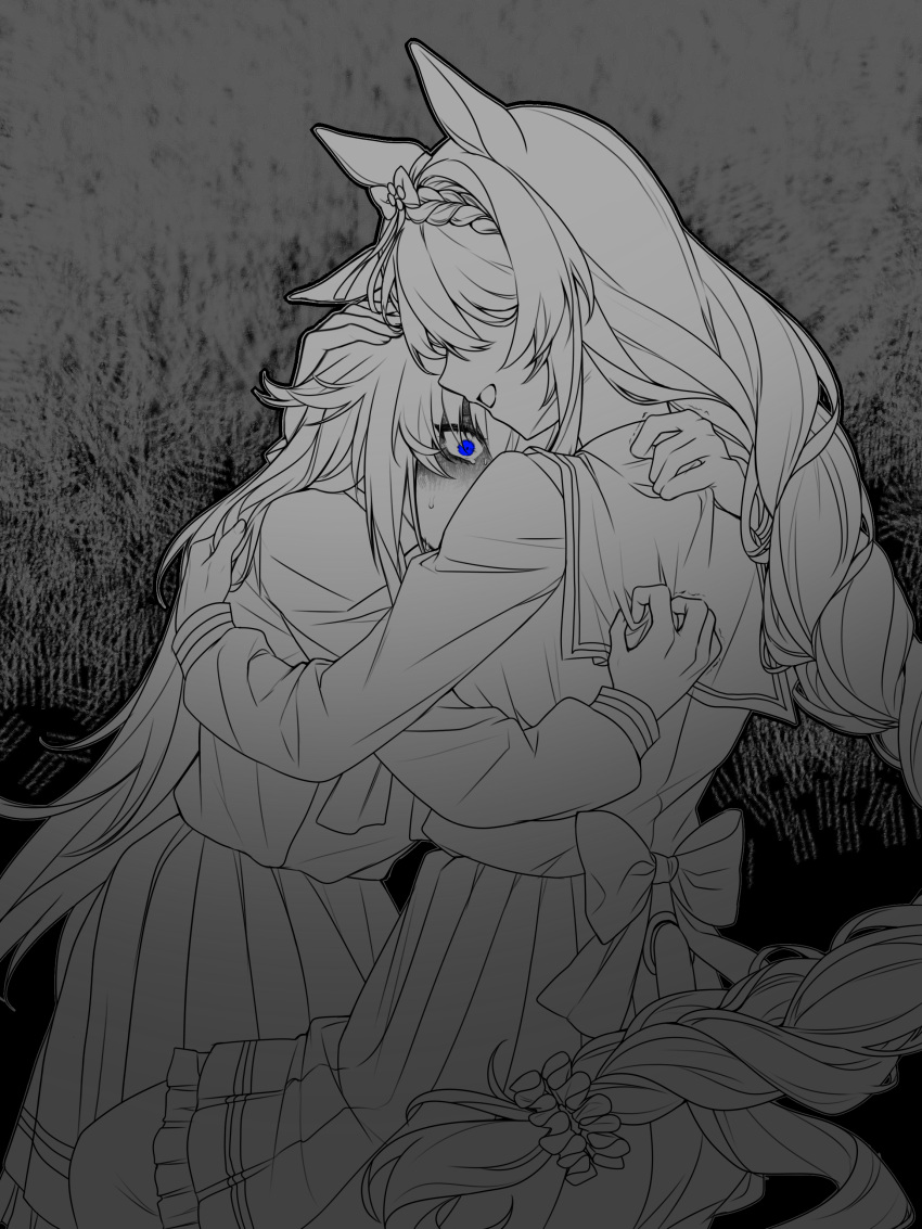 2girls, absurdres, animal_ears, bags_under_eyes, blue_eyes, bow, bowtie, braid