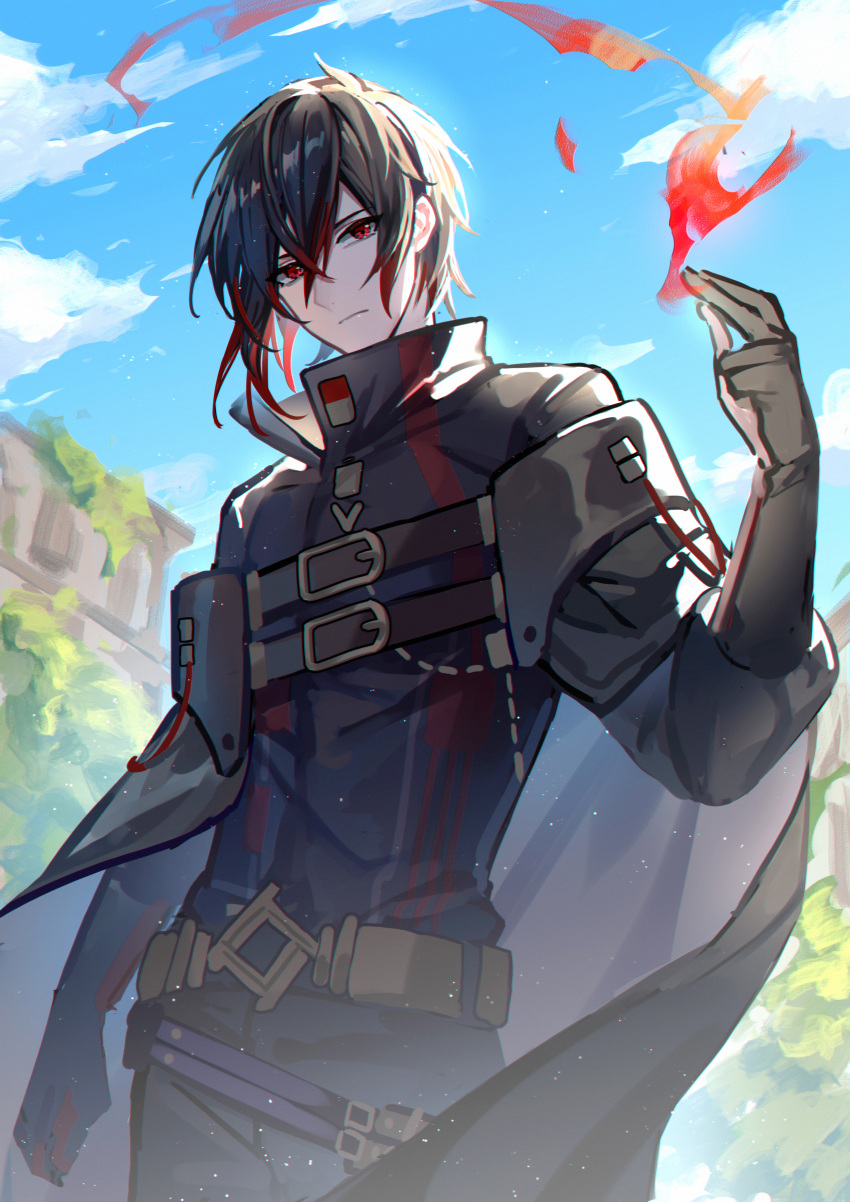 1boy, absurdres, arm_at_side, ayn_alwyn, ayn_alwyn_(eden), belt, belt_buckle, black_cloak