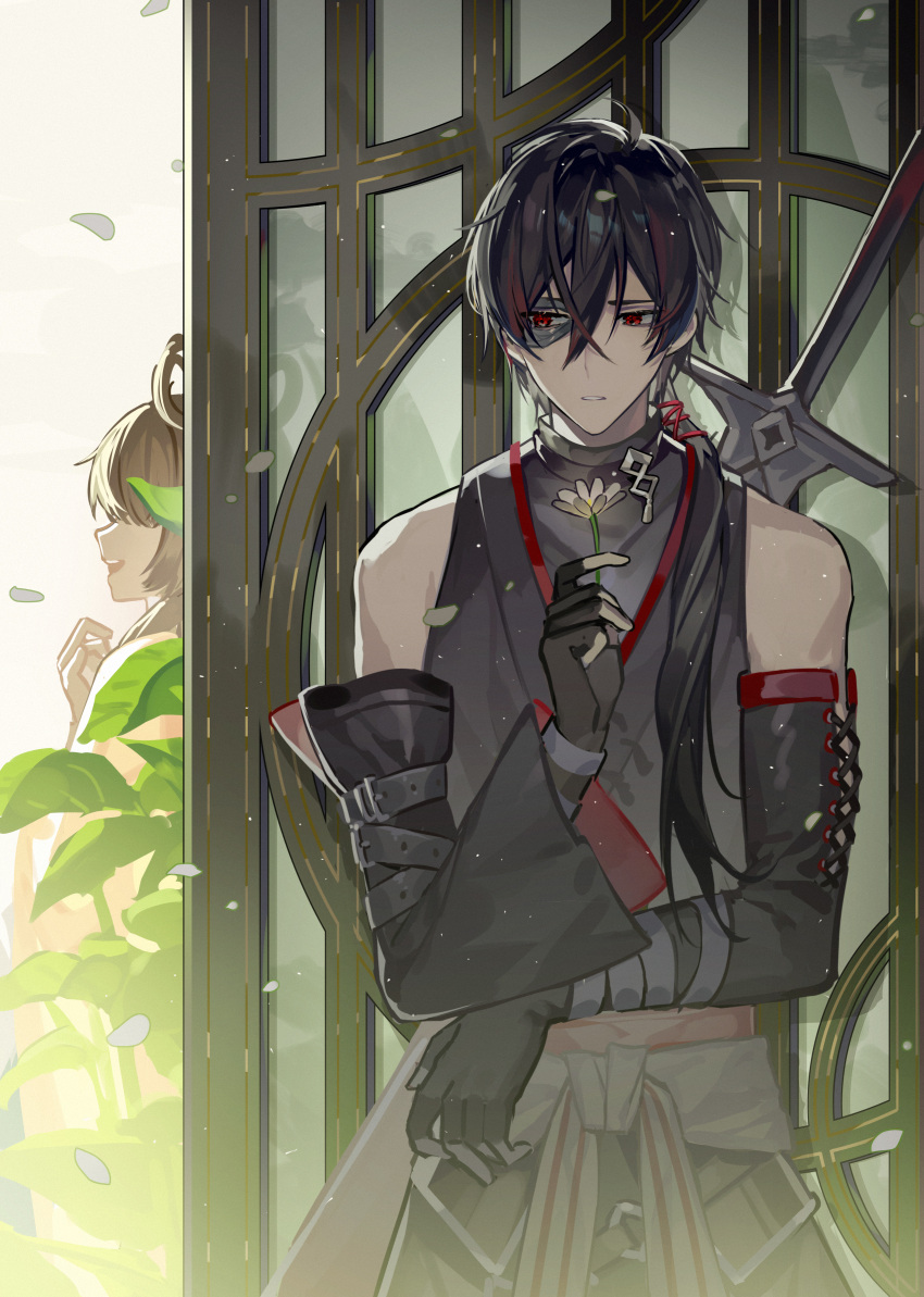 1boy, 1girl, :d, absurdres, asymmetrical_gloves, ayn_alwyn, ayn_alwyn_(long_night_together), bare_shoulders