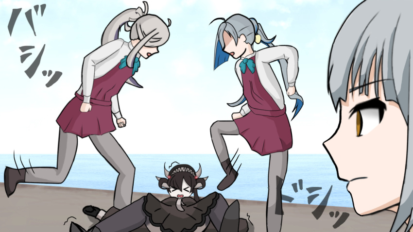 >_<, abbacchio_joins_the_kicking_(meme), abyssal_ship, ahoge, asashimo_(kancolle), black_dress, black_hair, black_hat