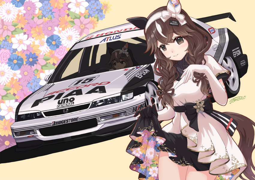 1girl, animal_ears, asymmetrical_gloves, atlus, black_gloves, braid, braided_sidelocks, bridgestone