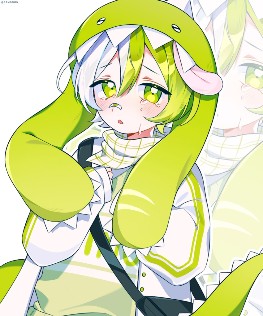 1boy, bag, bamg00n, bandaid, bandaid_on_face, bandaid_on_nose, black_bag, blush, buttons, check_copyright, clothes_writing, commentary_request, copyright_request, cowboy_shot, crying, crying_with_eyes_open, dinosaur_hat, dot_nose, frown, green_eyes, green_hair, green_hat, green_sweater, hair_between_eyes, hands_on_own_chest, hat, highres, jacket, korean_commentary, long_sleeves, looking_at_viewer, male_focus, multicolored_hair, open_clothes, open_jacket, open_mouth, original, outline, plaid_clothes, plaid_scarf, puffy_long_sleeves, puffy_sleeves, sad, scarf, short_hair, shoulder_bag, sleeves_past_wrists, solo, standing, sweater, teardrop, tears, two-tone_hair, white_background, white_hair, white_jacket, white_outline, white_scarf, zoom_layer