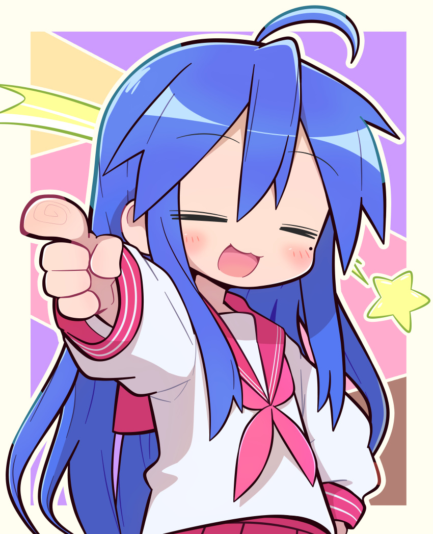 1girl, :3, absurdres, ahoge, blue_hair, blush_stickers, chibi, closed_eyes