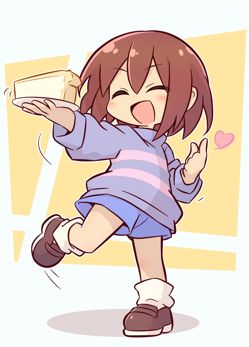 1other, absurdres, androgynous, blue_sweater, brown_hair, brown_shoes, cake, cake_slice, closed_eyes, food, frisk_(undertale), heart, highres, holding, holding_plate, leg_up, long_sleeves, newbear, open_mouth, plate, shirt, shoes, short_hair, shorts, socks, standing, standing_on_one_leg, striped_clothes, striped_shirt, striped_sweater, sweater, undertale, white_socks