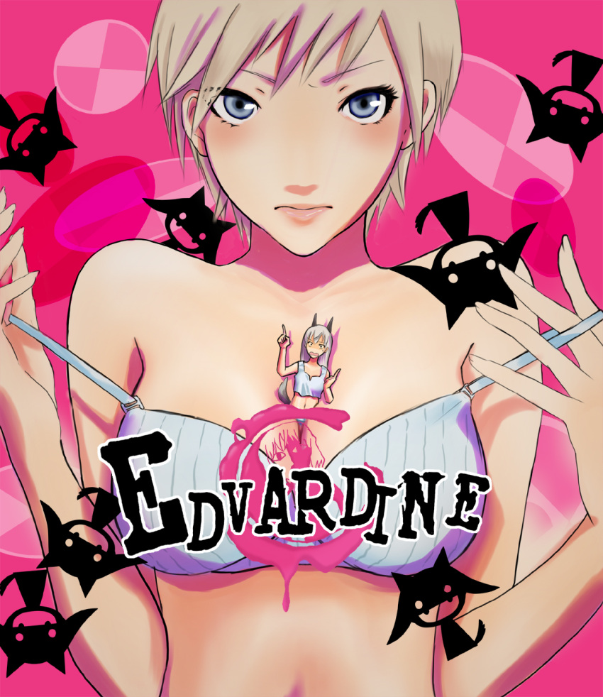 2girls, animal_ears, bare_shoulders, between_breasts, blonde_hair, blue_eyes, bra, breasts